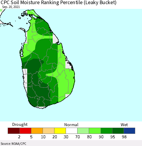 Sri Lanka CPC Calculated Soil Moisture Ranking Percentile Thematic Map For 9/16/2021 - 9/20/2021