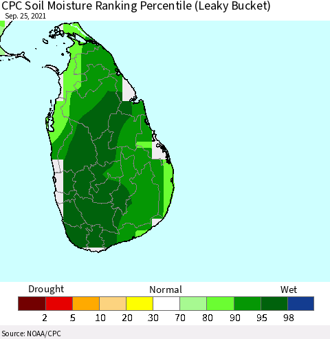 Sri Lanka CPC Calculated Soil Moisture Ranking Percentile Thematic Map For 9/21/2021 - 9/25/2021