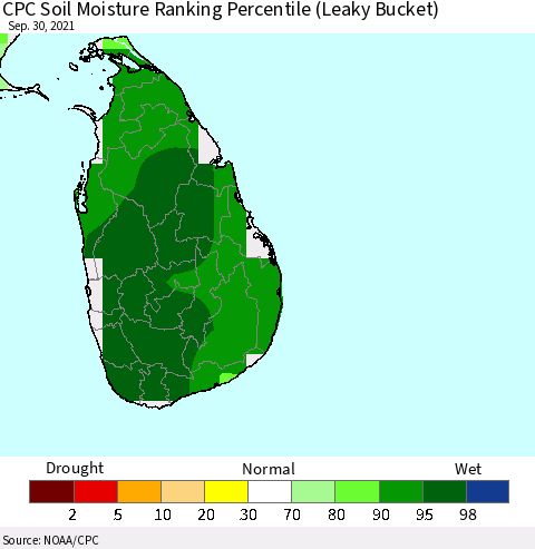 Sri Lanka CPC Calculated Soil Moisture Ranking Percentile Thematic Map For 9/26/2021 - 9/30/2021