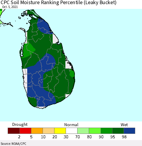Sri Lanka CPC Soil Moisture Ranking Percentile (Leaky Bucket) Thematic Map For 10/1/2021 - 10/5/2021