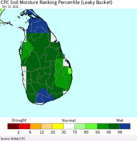 Sri Lanka CPC Soil Moisture Ranking Percentile (Leaky Bucket) Thematic Map For 10/11/2021 - 10/15/2021