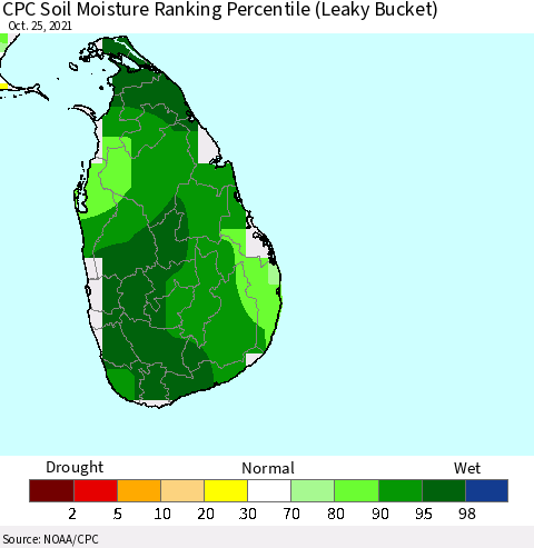 Sri Lanka CPC Soil Moisture Ranking Percentile (Leaky Bucket) Thematic Map For 10/21/2021 - 10/25/2021