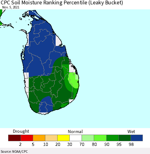 Sri Lanka CPC Calculated Soil Moisture Ranking Percentile Thematic Map For 11/1/2021 - 11/5/2021