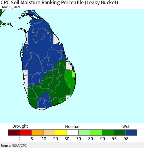 Sri Lanka CPC Soil Moisture Ranking Percentile (Leaky Bucket) Thematic Map For 11/6/2021 - 11/10/2021