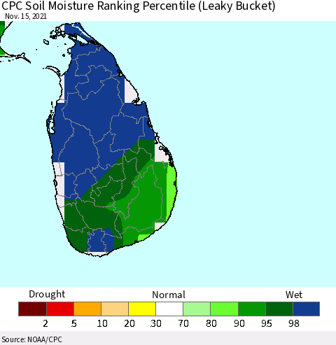 Sri Lanka CPC Calculated Soil Moisture Ranking Percentile Thematic Map For 11/11/2021 - 11/15/2021