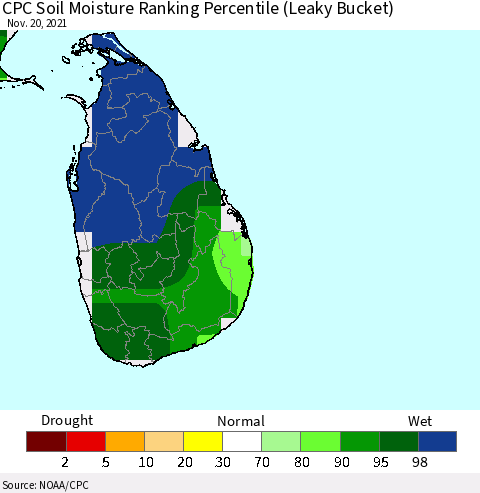 Sri Lanka CPC Soil Moisture Ranking Percentile (Leaky Bucket) Thematic Map For 11/16/2021 - 11/20/2021