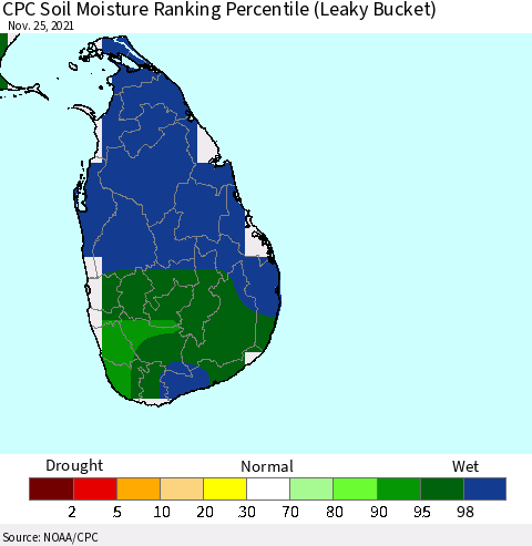 Sri Lanka CPC Soil Moisture Ranking Percentile (Leaky Bucket) Thematic Map For 11/21/2021 - 11/25/2021