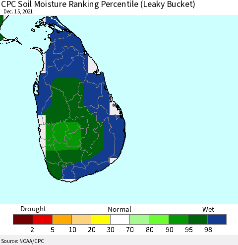 Sri Lanka CPC Soil Moisture Ranking Percentile (Leaky Bucket) Thematic Map For 12/11/2021 - 12/15/2021