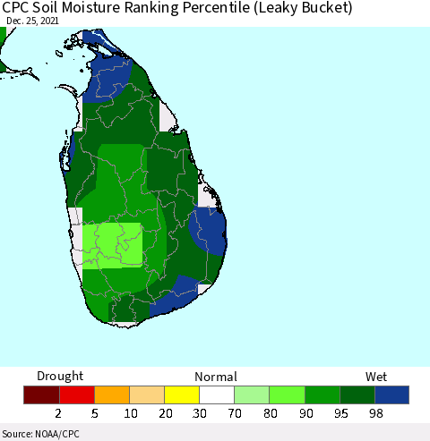 Sri Lanka CPC Soil Moisture Ranking Percentile (Leaky Bucket) Thematic Map For 12/21/2021 - 12/25/2021