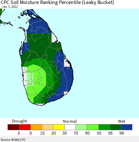 Sri Lanka CPC Soil Moisture Ranking Percentile (Leaky Bucket) Thematic Map For 1/1/2022 - 1/5/2022