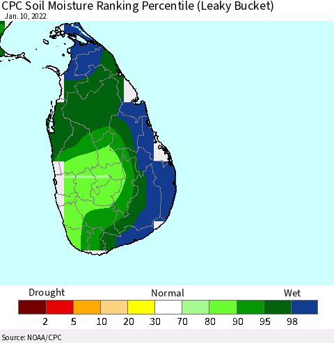 Sri Lanka CPC Soil Moisture Ranking Percentile (Leaky Bucket) Thematic Map For 1/6/2022 - 1/10/2022