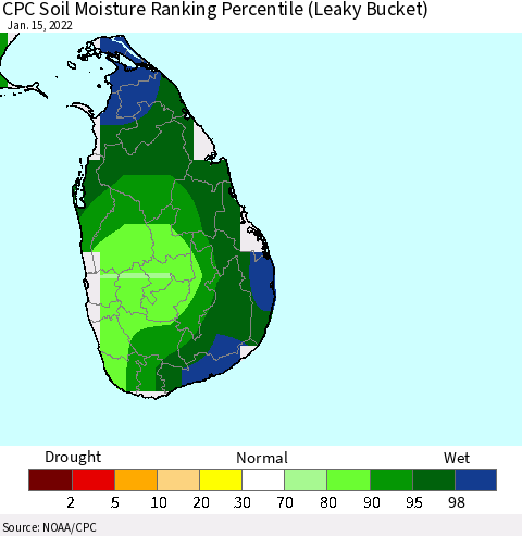 Sri Lanka CPC Soil Moisture Ranking Percentile (Leaky Bucket) Thematic Map For 1/11/2022 - 1/15/2022