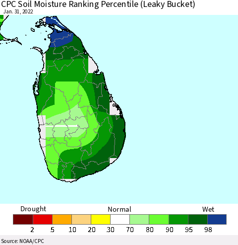 Sri Lanka CPC Soil Moisture Ranking Percentile (Leaky Bucket) Thematic Map For 1/26/2022 - 1/31/2022