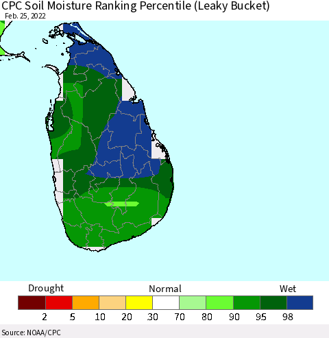 Sri Lanka CPC Soil Moisture Ranking Percentile (Leaky Bucket) Thematic Map For 2/21/2022 - 2/25/2022