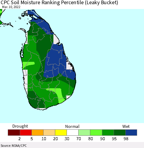 Sri Lanka CPC Calculated Soil Moisture Ranking Percentile Thematic Map For 3/6/2022 - 3/10/2022