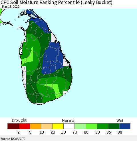 Sri Lanka CPC Soil Moisture Ranking Percentile (Leaky Bucket) Thematic Map For 3/11/2022 - 3/15/2022
