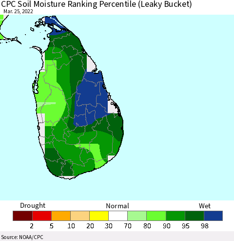 Sri Lanka CPC Soil Moisture Ranking Percentile (Leaky Bucket) Thematic Map For 3/21/2022 - 3/25/2022