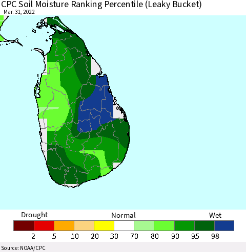Sri Lanka CPC Soil Moisture Ranking Percentile (Leaky Bucket) Thematic Map For 3/26/2022 - 3/31/2022