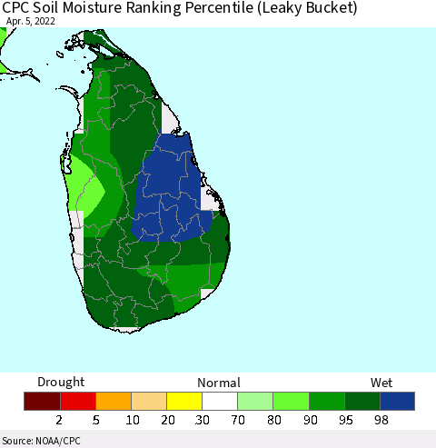 Sri Lanka CPC Calculated Soil Moisture Ranking Percentile Thematic Map For 4/1/2022 - 4/5/2022