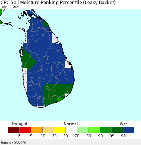 Sri Lanka CPC Soil Moisture Ranking Percentile (Leaky Bucket) Thematic Map For 4/6/2022 - 4/10/2022