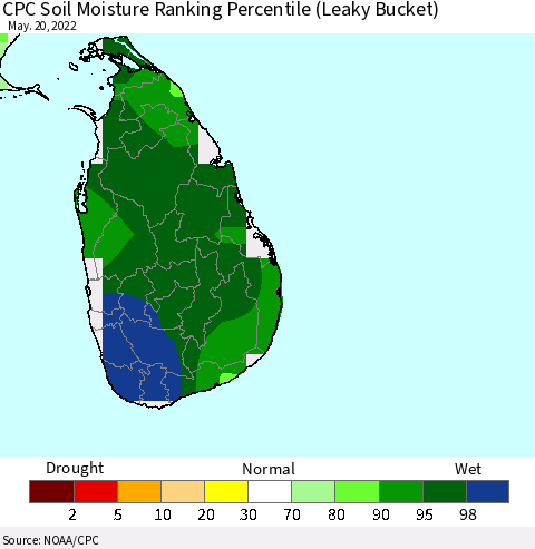 Sri Lanka CPC Soil Moisture Ranking Percentile (Leaky Bucket) Thematic Map For 5/16/2022 - 5/20/2022