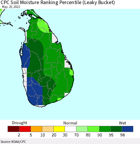 Sri Lanka CPC Soil Moisture Ranking Percentile (Leaky Bucket) Thematic Map For 5/21/2022 - 5/25/2022