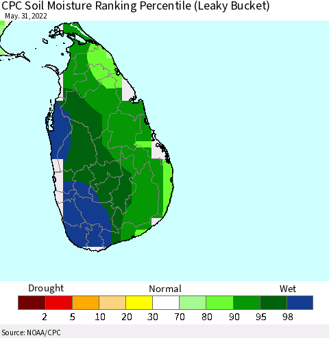 Sri Lanka CPC Calculated Soil Moisture Ranking Percentile Thematic Map For 5/26/2022 - 5/31/2022