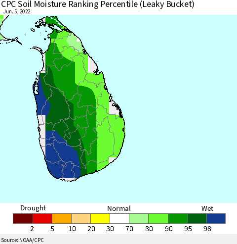 Sri Lanka CPC Calculated Soil Moisture Ranking Percentile Thematic Map For 6/1/2022 - 6/5/2022