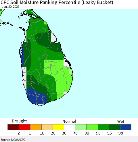 Sri Lanka CPC Soil Moisture Ranking Percentile Thematic Map For 6/16/2022 - 6/20/2022