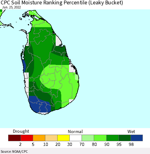 Sri Lanka CPC Soil Moisture Ranking Percentile (Leaky Bucket) Thematic Map For 6/21/2022 - 6/25/2022