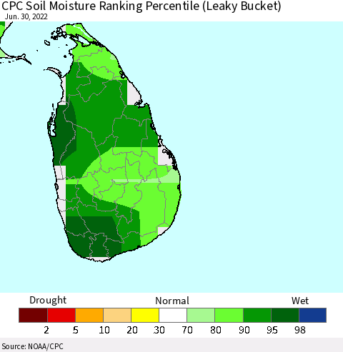 Sri Lanka CPC Calculated Soil Moisture Ranking Percentile Thematic Map For 6/26/2022 - 6/30/2022