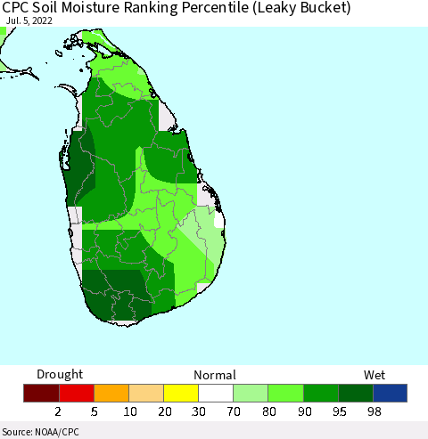 Sri Lanka CPC Calculated Soil Moisture Ranking Percentile Thematic Map For 7/1/2022 - 7/5/2022