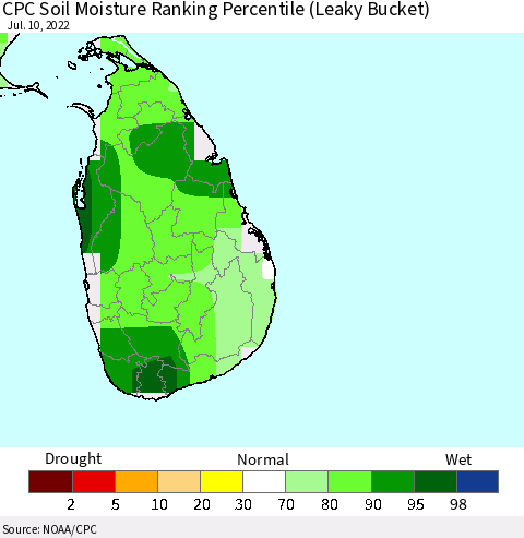 Sri Lanka CPC Calculated Soil Moisture Ranking Percentile Thematic Map For 7/6/2022 - 7/10/2022