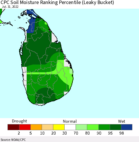 Sri Lanka CPC Calculated Soil Moisture Ranking Percentile Thematic Map For 7/26/2022 - 7/31/2022