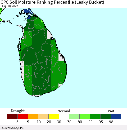 Sri Lanka CPC Calculated Soil Moisture Ranking Percentile Thematic Map For 8/6/2022 - 8/10/2022