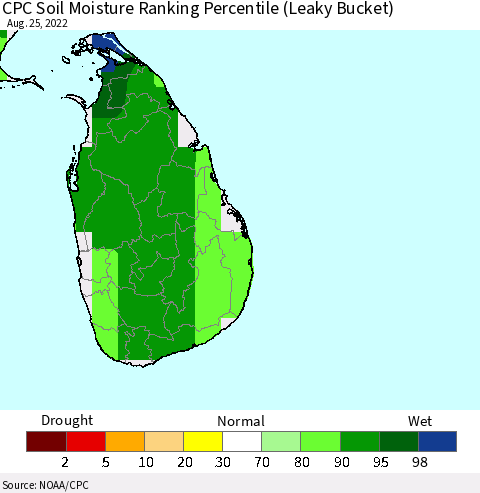 Sri Lanka CPC Soil Moisture Ranking Percentile (Leaky Bucket) Thematic Map For 8/21/2022 - 8/25/2022