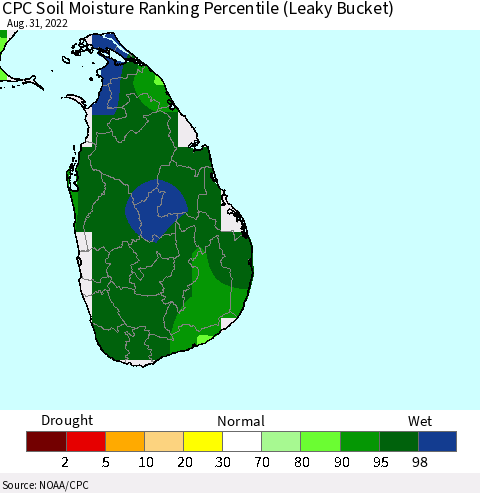 Sri Lanka CPC Calculated Soil Moisture Ranking Percentile Thematic Map For 8/26/2022 - 8/31/2022