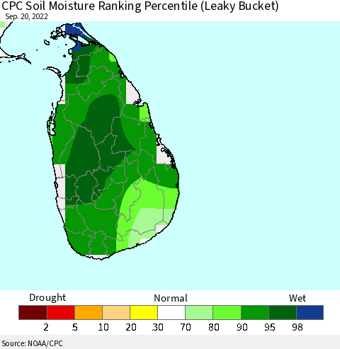 Sri Lanka CPC Calculated Soil Moisture Ranking Percentile Thematic Map For 9/16/2022 - 9/20/2022
