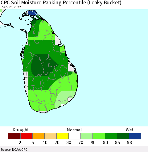Sri Lanka CPC Soil Moisture Ranking Percentile Thematic Map For 9/21/2022 - 9/25/2022