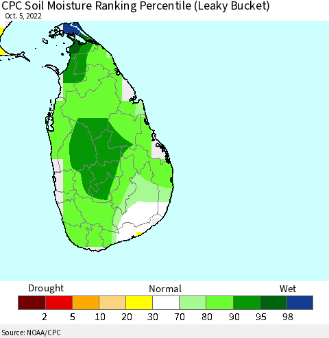 Sri Lanka CPC Calculated Soil Moisture Ranking Percentile Thematic Map For 10/1/2022 - 10/5/2022