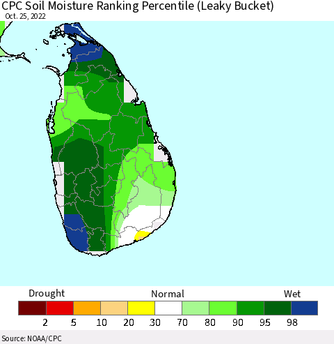 Sri Lanka CPC Soil Moisture Ranking Percentile (Leaky Bucket) Thematic Map For 10/21/2022 - 10/25/2022