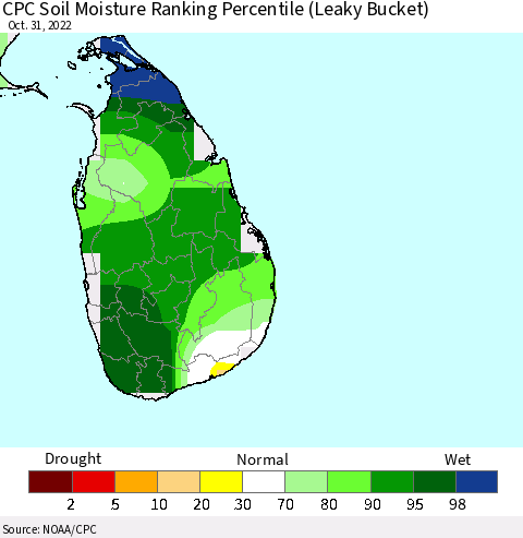 Sri Lanka CPC Soil Moisture Ranking Percentile (Leaky Bucket) Thematic Map For 10/26/2022 - 10/31/2022