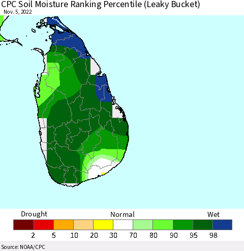 Sri Lanka CPC Soil Moisture Ranking Percentile (Leaky Bucket) Thematic Map For 11/1/2022 - 11/5/2022