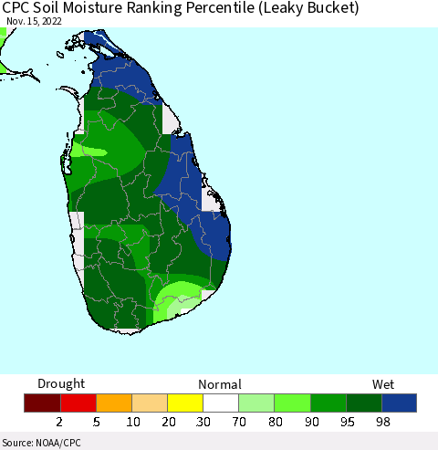Sri Lanka CPC Soil Moisture Ranking Percentile (Leaky Bucket) Thematic Map For 11/11/2022 - 11/15/2022