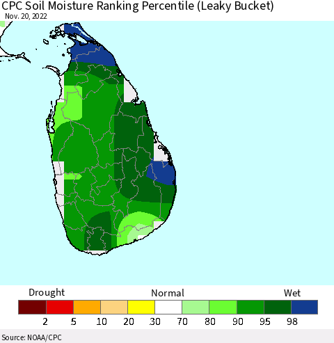 Sri Lanka CPC Soil Moisture Ranking Percentile (Leaky Bucket) Thematic Map For 11/16/2022 - 11/20/2022