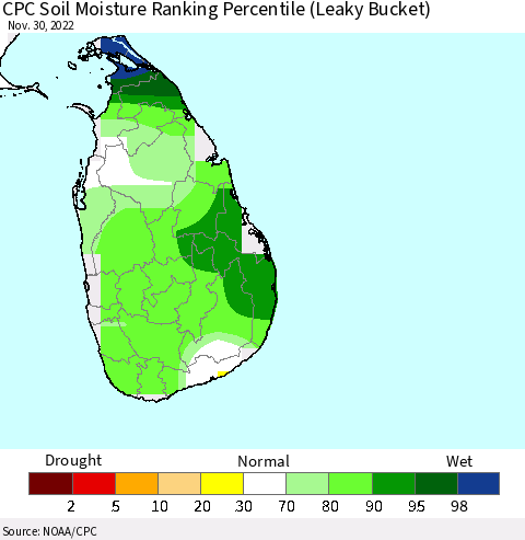 Sri Lanka CPC Calculated Soil Moisture Ranking Percentile Thematic Map For 11/26/2022 - 11/30/2022