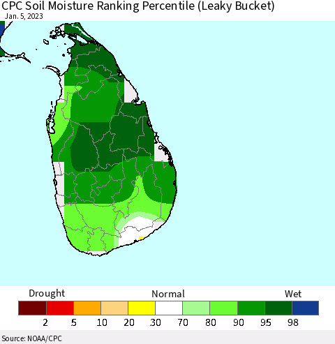 Sri Lanka CPC Calculated Soil Moisture Ranking Percentile Thematic Map For 1/1/2023 - 1/5/2023