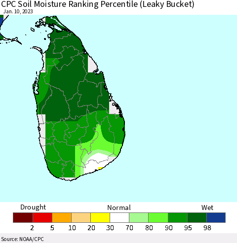 Sri Lanka CPC Calculated Soil Moisture Ranking Percentile Thematic Map For 1/6/2023 - 1/10/2023