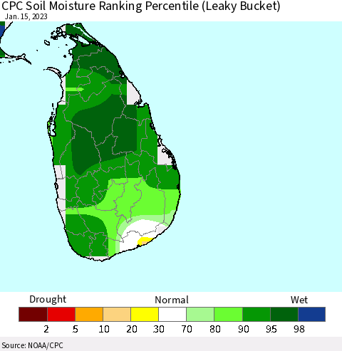Sri Lanka CPC Calculated Soil Moisture Ranking Percentile Thematic Map For 1/11/2023 - 1/15/2023
