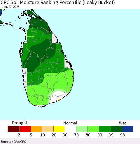 Sri Lanka CPC Calculated Soil Moisture Ranking Percentile Thematic Map For 1/16/2023 - 1/20/2023